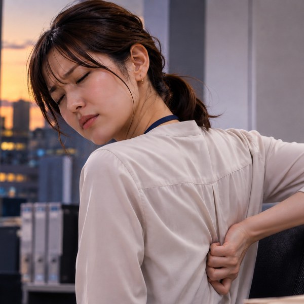 デスクワーク後に肩甲骨の内側が重い女性