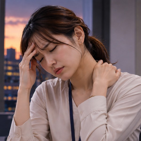 肩こりがひどく頭まで重く感じる女性