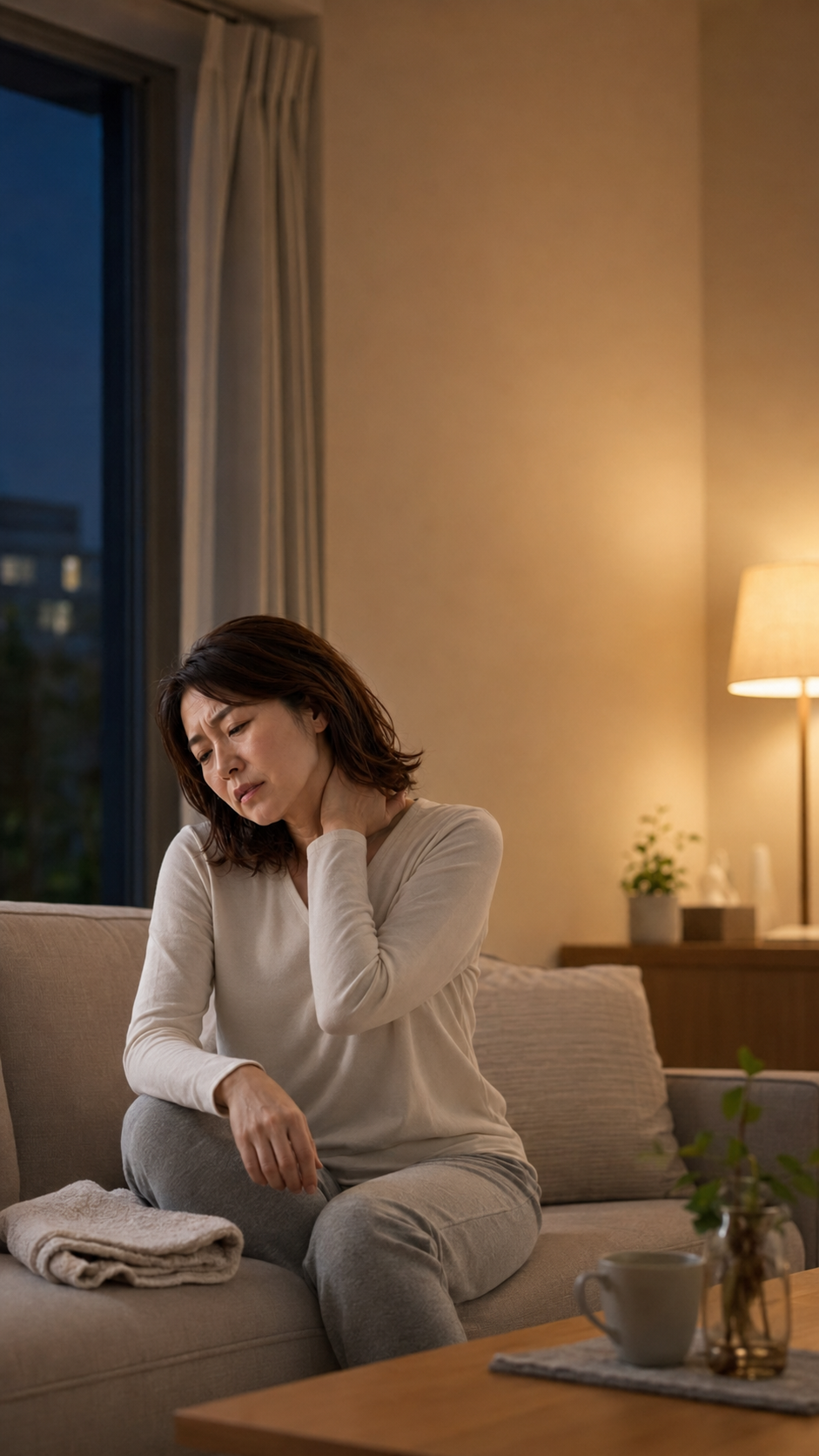 くつろいでいる時間も肩の重さが取れない女性