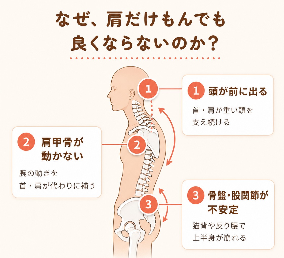 なぜ、肩だけもんでも良くならないのか？頭が前に出る・肩甲骨が動かない・骨盤股関節が不安定という3つの原因を示す図解